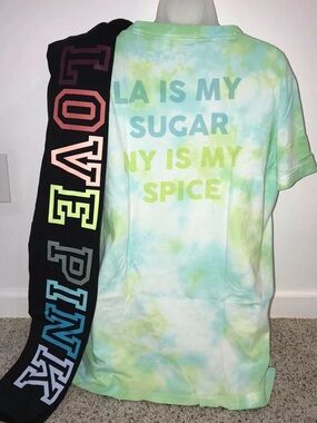 Victoria Secret Pink Tie Dye Green Short Sleeve Tee Leggings Outfit Set L